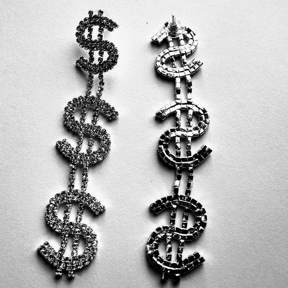 4" Silver Stud Rhinestone $$$ Sign Dangle Earrings - Picture 5 of 5